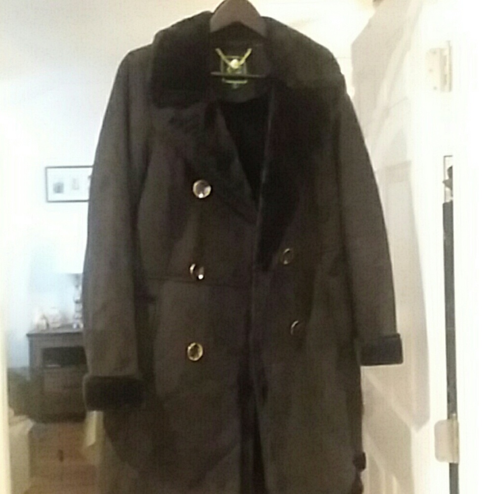 Black suede fur lined double breasted coat